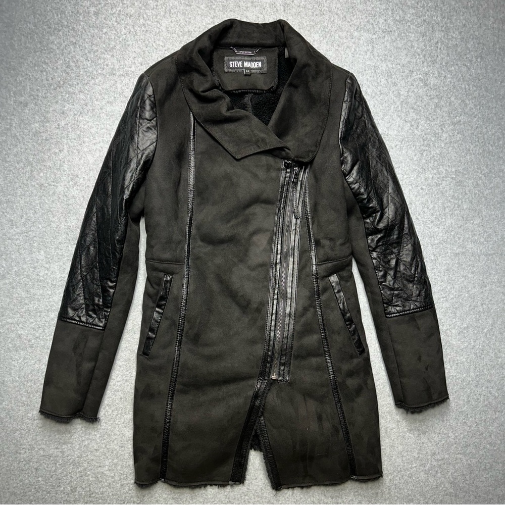 Steve Madden Faux Suede & Leather Moto Jacket Black Small Sherpa Shearling
